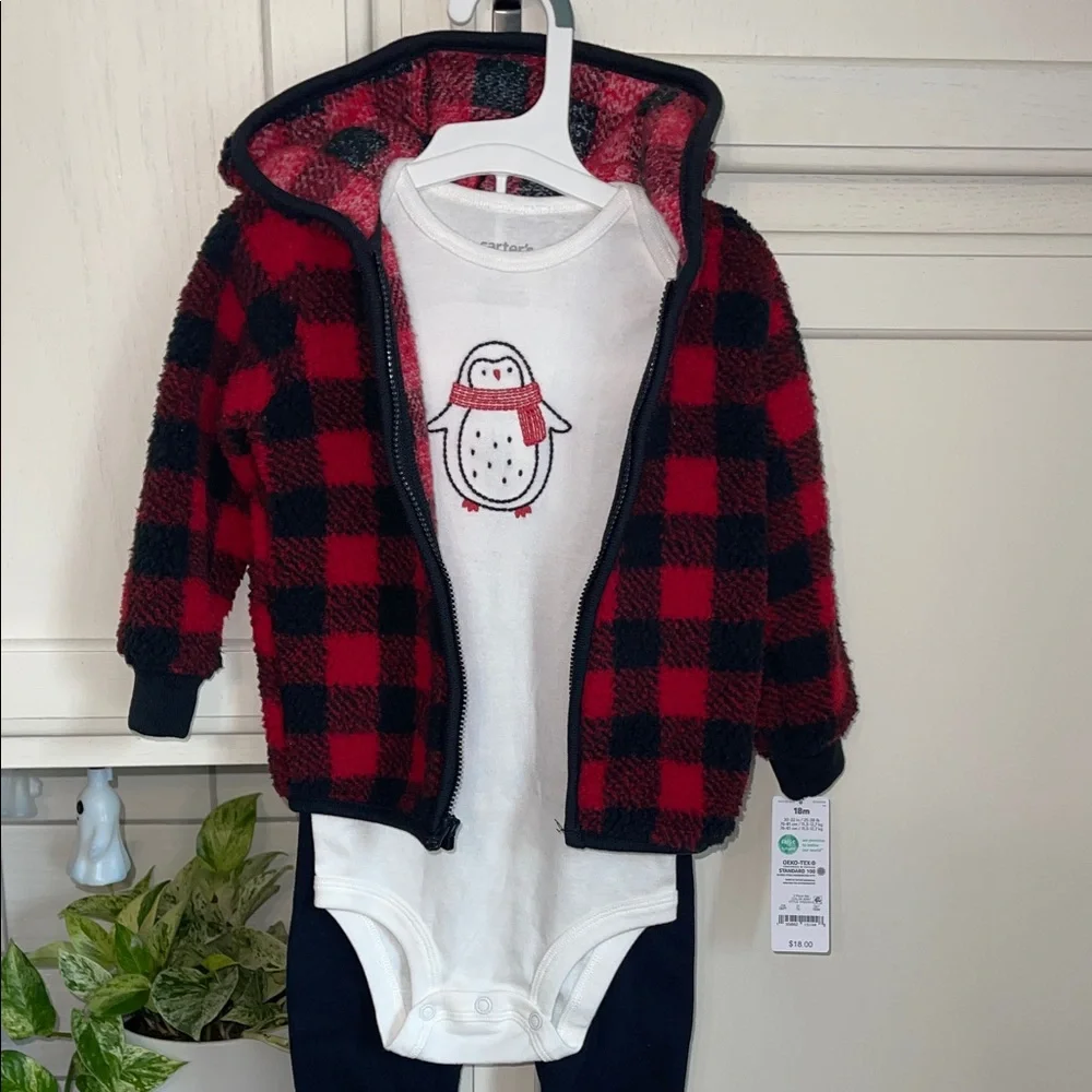 Carters Baby 18M 3PC Plaid Fleece Jacket Penguin Bodysuit Pants Set Red Black